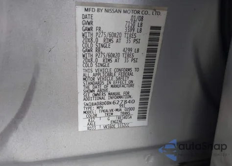 2008 Nissan Armada Le из США, поврежденный, VIN 5N1BA08D08N627840